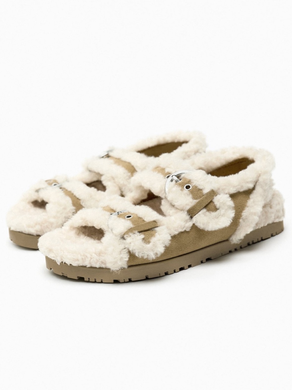 Zara Beige Faux-Shearling Buckle Sandals. Size 36